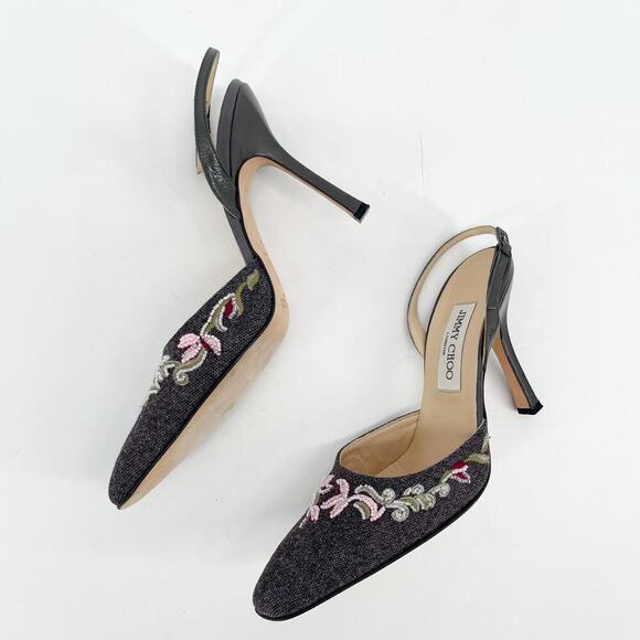 Vintage Jimmy Choo Gray Flannel Beaded Floral Embroidered Slingback Heel IT 38.5 - Picture 5 of 13